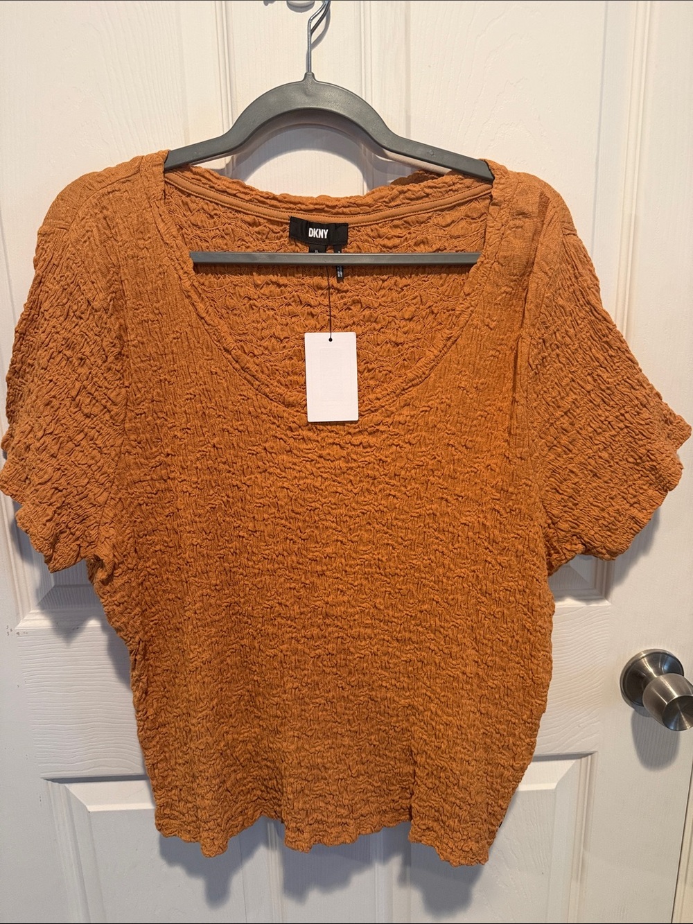 DKNY Burnt Orange Textured Short Sleeve Scoop Neck Top